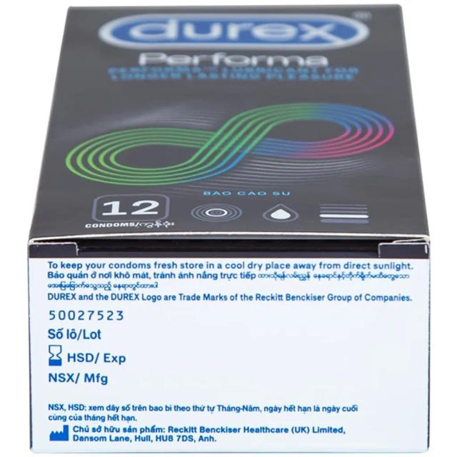 Bao cao su Durex Performa có gel bôi trơn, kéo thời điểm cực khoái trong lúc quan hệ (12 cái)