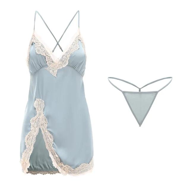 Váy ngủ sexy lụa phối ren ngực tôn dáng xẻ tà đùi gợi cảm đầm 2 dây mặc nhà cao cấp tặng chip quyến rũ  N129