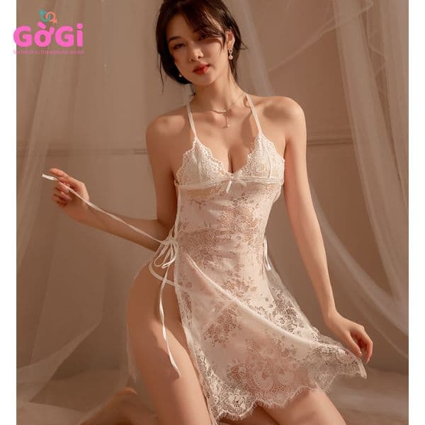 Set đồ ngủ sexy ren mỏng manh 2 mảnh hở lưng xuyên thấu cách tân có dây buộc đen trắng(kèm quần chíp lọt khe gợi cảm)