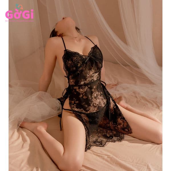 Set đồ ngủ sexy ren mỏng manh 2 mảnh hở lưng xuyên thấu cách tân có dây buộc đen trắng(kèm quần chíp lọt khe gợi cảm)