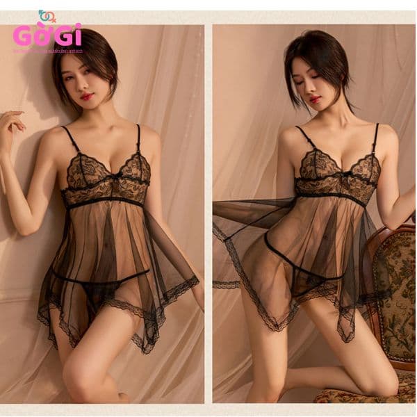 Váy ngủ sexy ren xuyên thấu 2 màu trắng đen