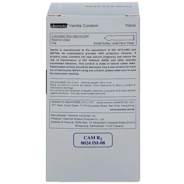 Bao cao su Okamoto Skinless skin Vanilla mềm mại, dẻo dai (10 cái)