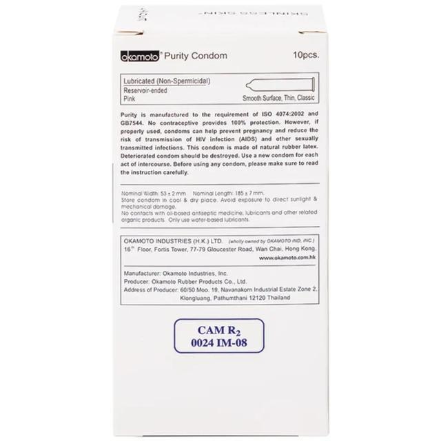 Bao cao su Okamoto Skinless Skin Purity không mùi, tinh khiết, dùng để phòng tránh thai và ngăn ngừa HIV (10 cái)