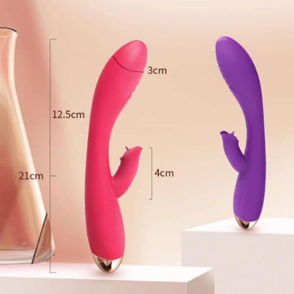 Máy rung đa tần số rung kép và làm ấm kết hợp lưỡi liếm màu tím