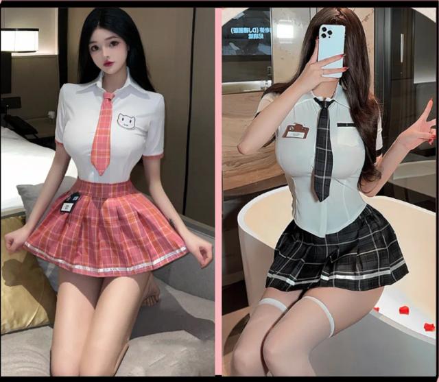 Cosplay nữ sinh hồng có bảng tên kèm cà vạt cao cấp trang phục hóa trang học sinh sọc ca rô dễ thương  N360