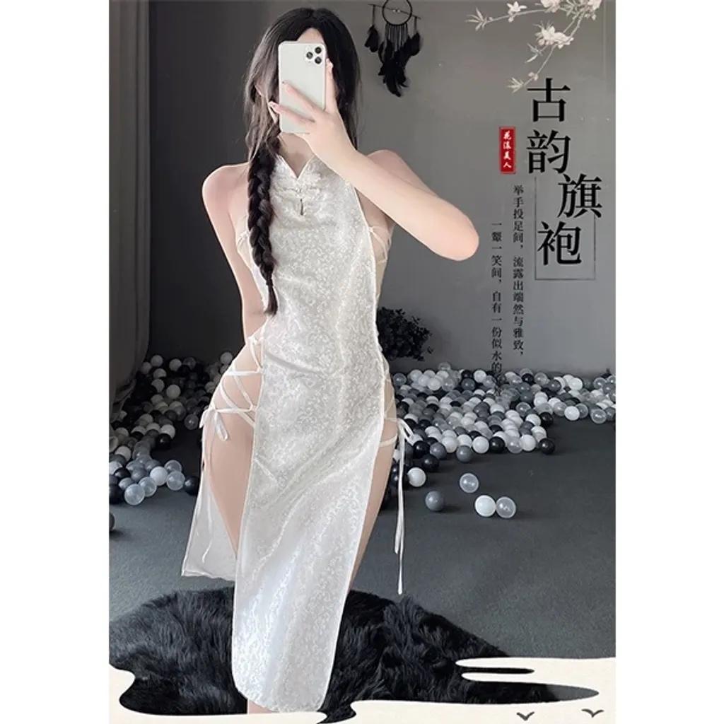 Sườn xám gợi cảm đan dây hông anime sexy quyến rũ cosplay cổ trang Trung Hoa gấm đen trắng mềm mịn  N781