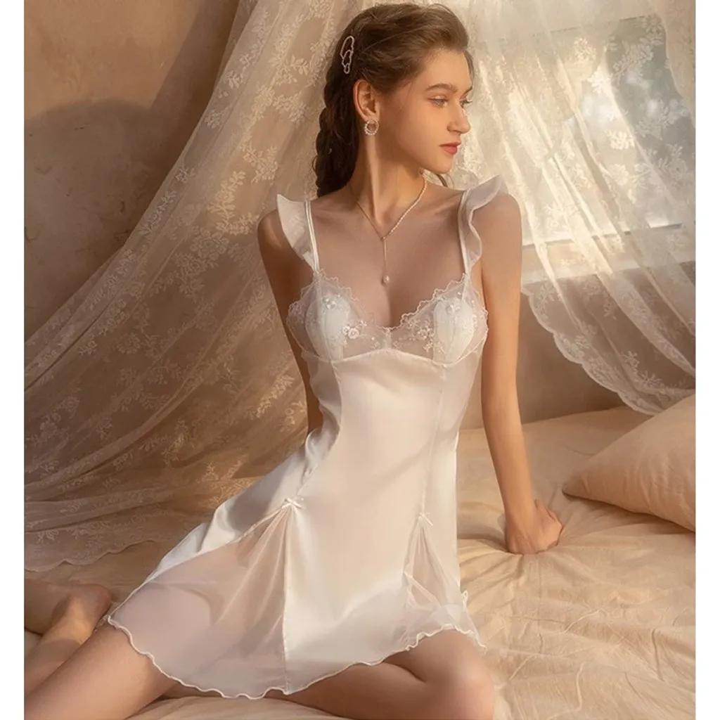 Váy ngủ lụa sexy có đệm ngực cao cấp phối ren gợi cảm đầm thức mặc nhà hở lưng quyến rũ thanh lịch N167