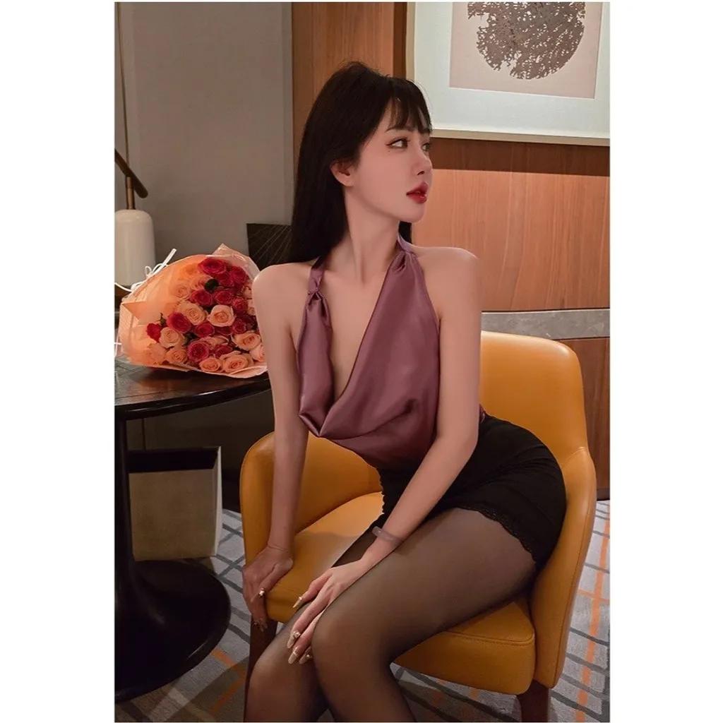 Cosplay thư kí ôm body cổ đổ quyến rũ gợi cảm set đồ ngủ tiếp viên hàng không tím ngọt ngào cuốn hút N318