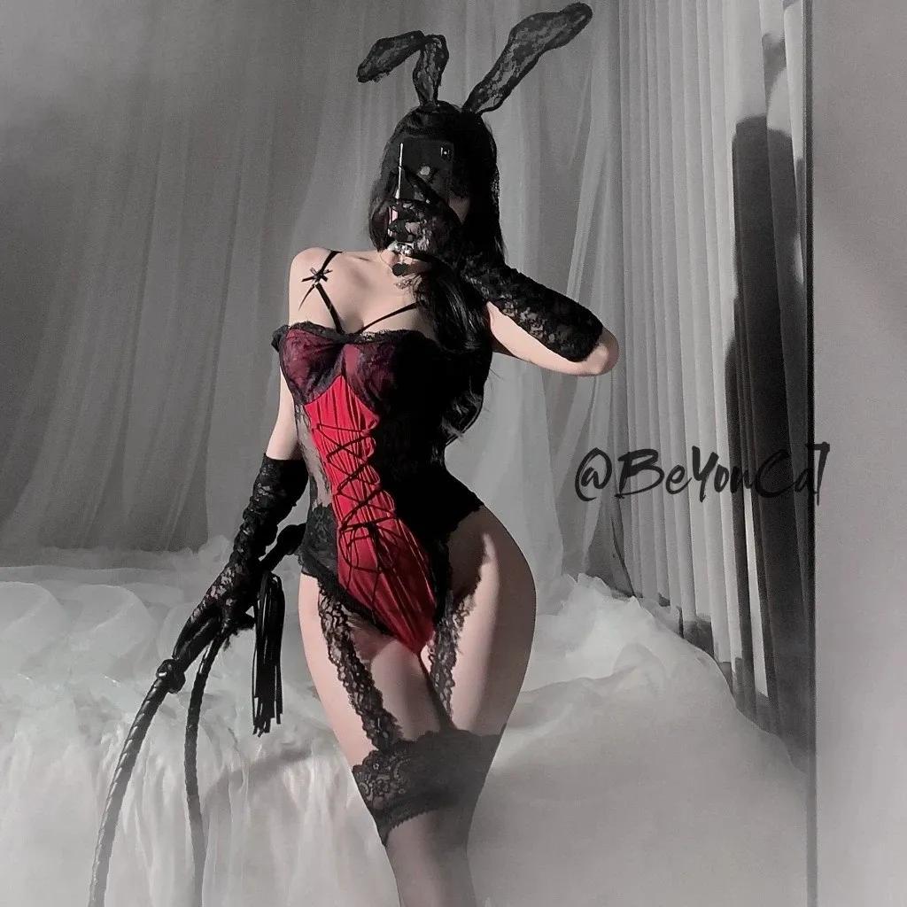 Cosplay thỏ bông đen đỏ bunny hư hỏng quyến rũ bodysuit đồ lót liền thân phối ren siêu dễ thương gợi cảm N837