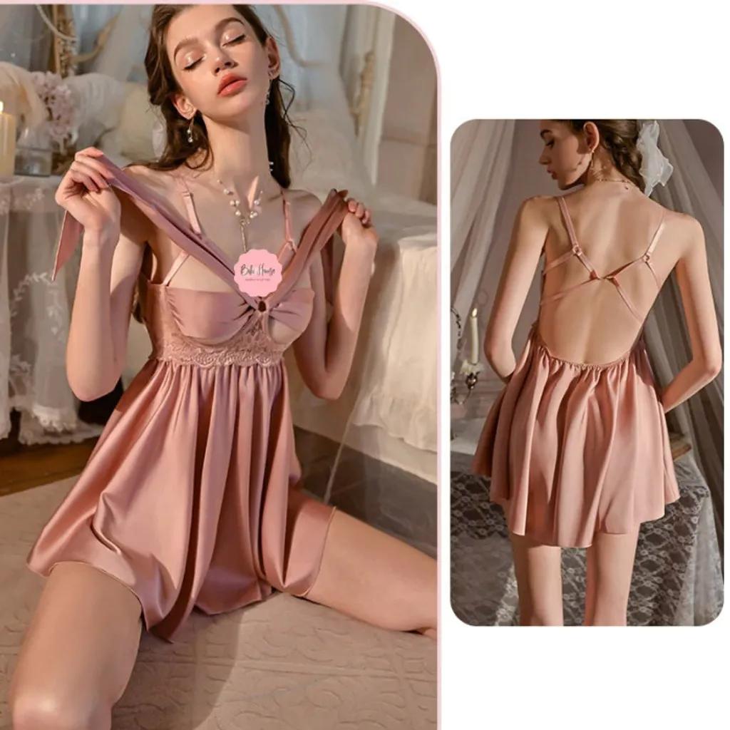 Váy ngủ lụa satin có gọng cột dây V1 cực xinh gợi cảm đầm 2 dây mặc nhà xẻ tà sau quyến rũ sang chảnh N210