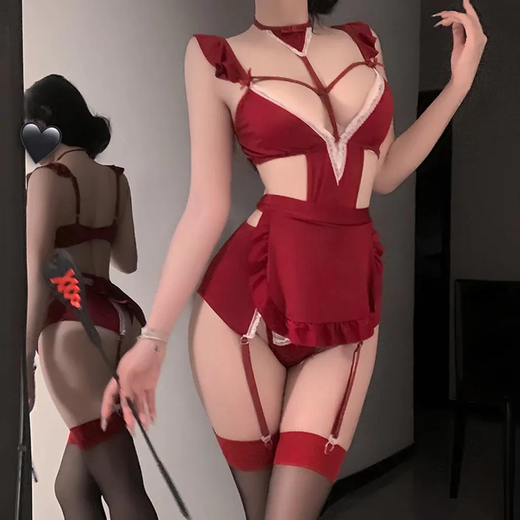 Đồ lót nữ kèm tạp dề phối đai garter nịt tất gợi cảm duyên dáng set cosplay hầu gái maid xẻ V1 quyến rũ N825
