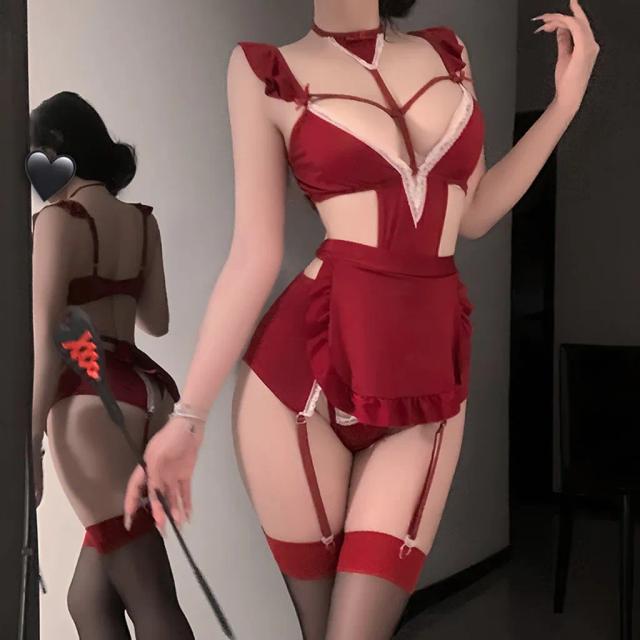 Đồ lót nữ kèm tạp dề phối đai garter nịt tất gợi cảm duyên dáng set cosplay hầu gái maid xẻ V1 quyến rũ N825