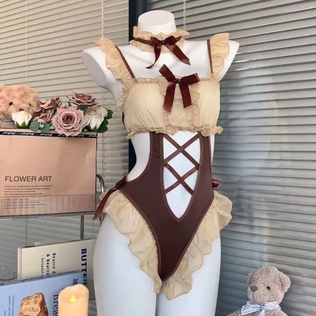 Set cosplay bé gấu nâu ren bèo đáng yêu gợi cảm jumpsuit đồ ngủ liền thân hầu gái đan dây sexy dễ thương N593