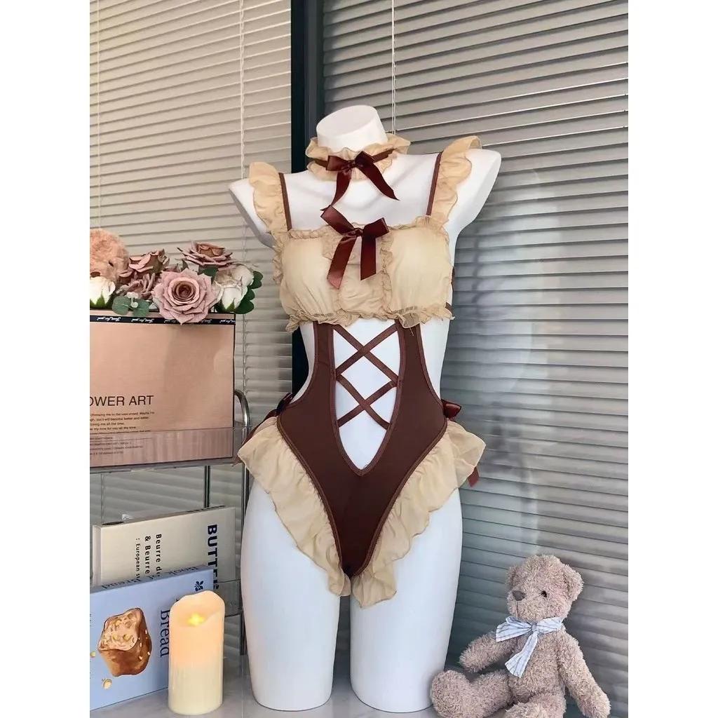 Set cosplay bé gấu nâu ren bèo đáng yêu gợi cảm jumpsuit đồ ngủ liền thân hầu gái đan dây sexy dễ thương N593
