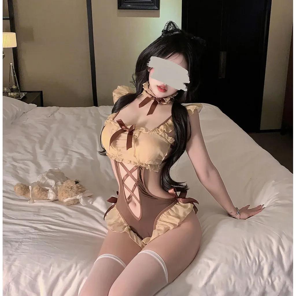 Set cosplay bé gấu nâu ren bèo đáng yêu gợi cảm jumpsuit đồ ngủ liền thân hầu gái đan dây sexy dễ thương N593