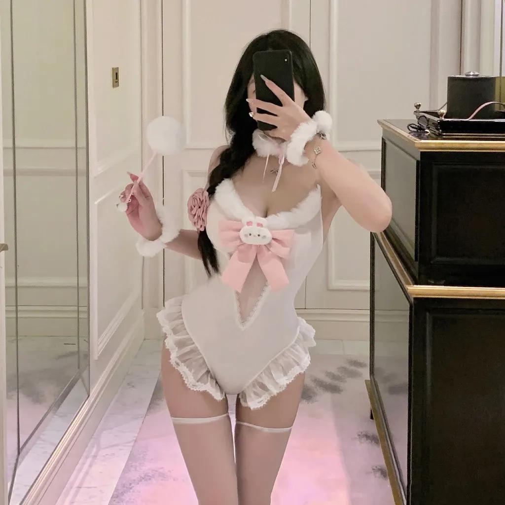 Đồ ngủ liền thân thỏ bông trắng viền ren bèo cực xinh đáng yêu bodysuit thỏ bunny kèm phụ kiện dễ thương N332