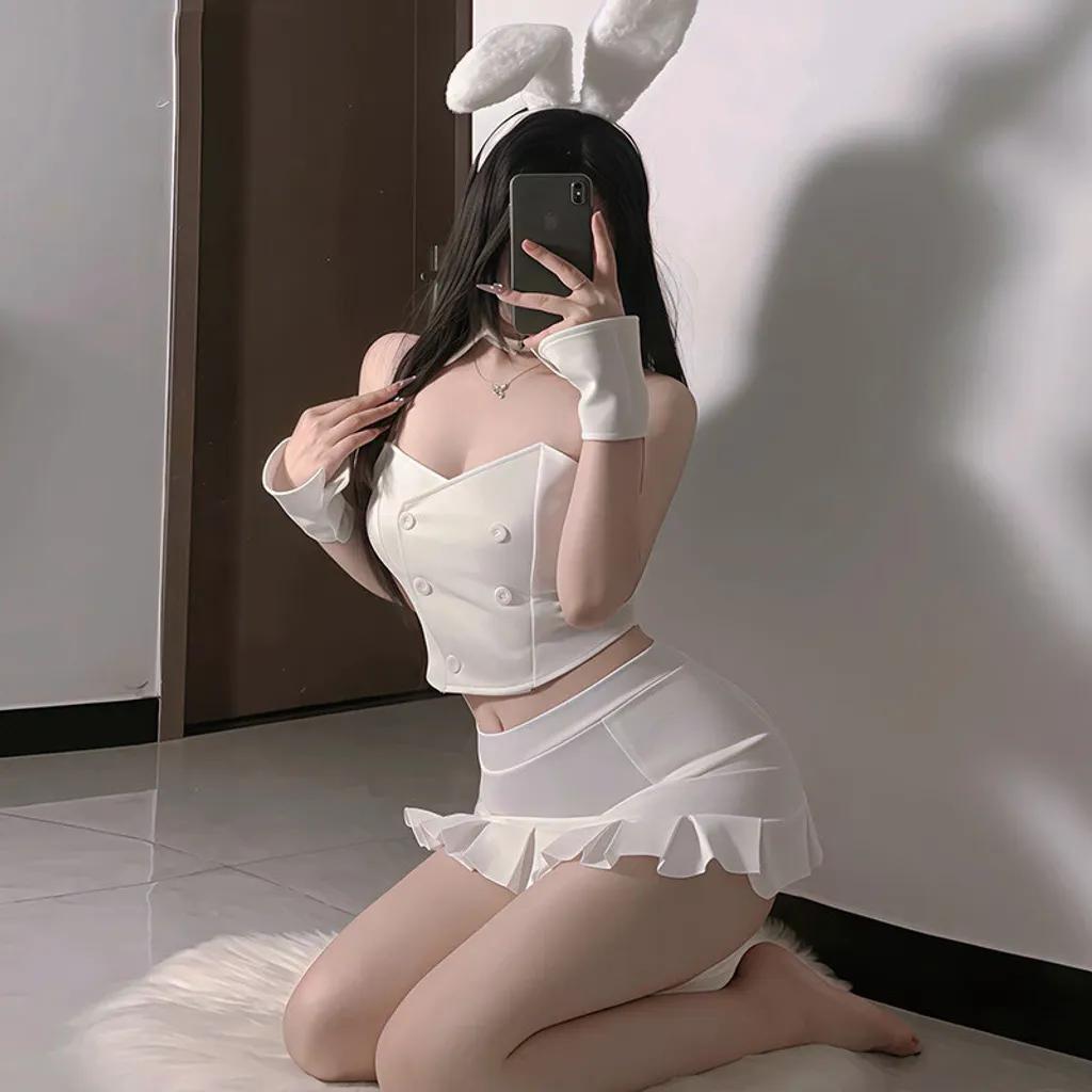 Đồ cosplay thỏ trắng có đuôi dáng ôm gợi cảm thanh lịch set ngủ thỏ bunny cúp ngực kèm cài bông đáng yêu N736