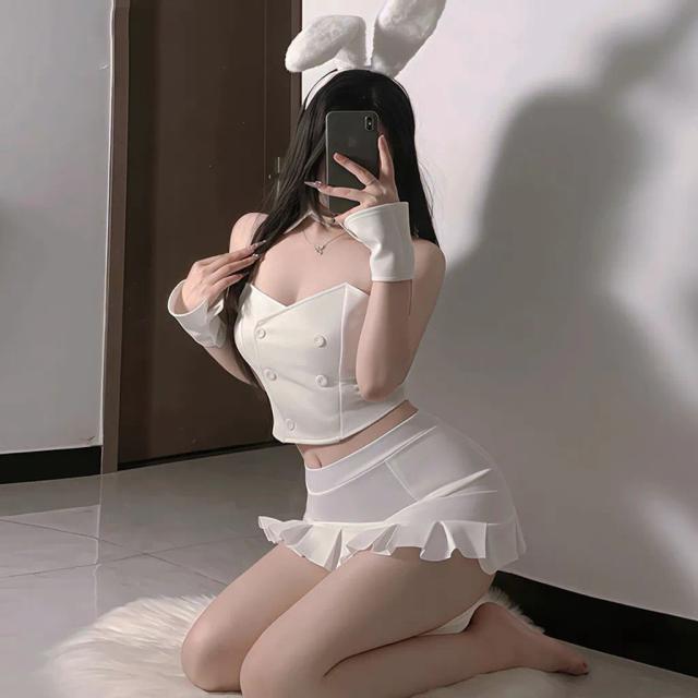 Đồ cosplay thỏ trắng có đuôi dáng ôm gợi cảm thanh lịch set ngủ thỏ bunny cúp ngực kèm cài bông đáng yêu N736