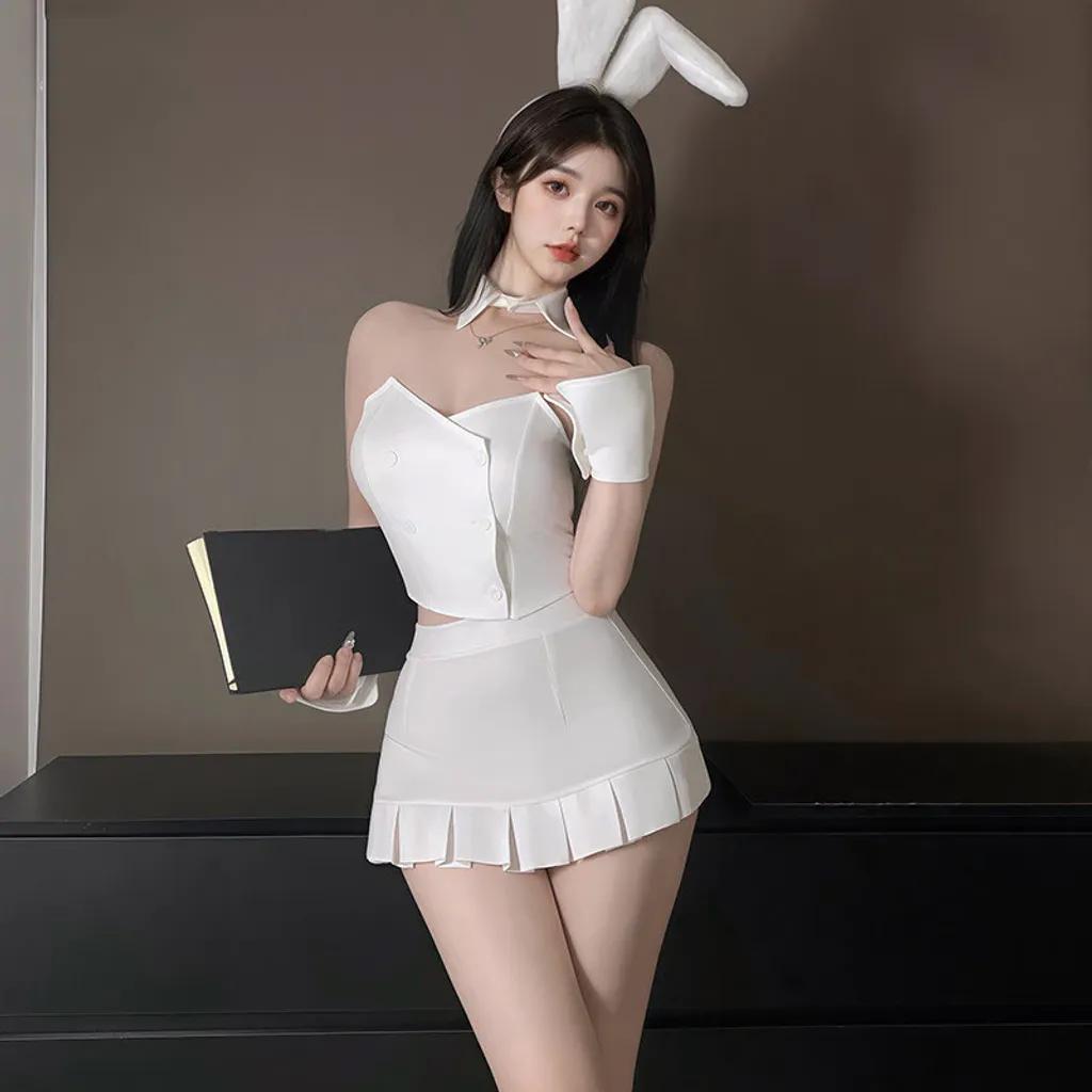Đồ cosplay thỏ trắng có đuôi dáng ôm gợi cảm thanh lịch set ngủ thỏ bunny cúp ngực kèm cài bông đáng yêu N736
