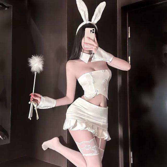 Đồ cosplay thỏ trắng có đuôi dáng ôm gợi cảm thanh lịch set ngủ thỏ bunny cúp ngực kèm cài bông đáng yêu N736