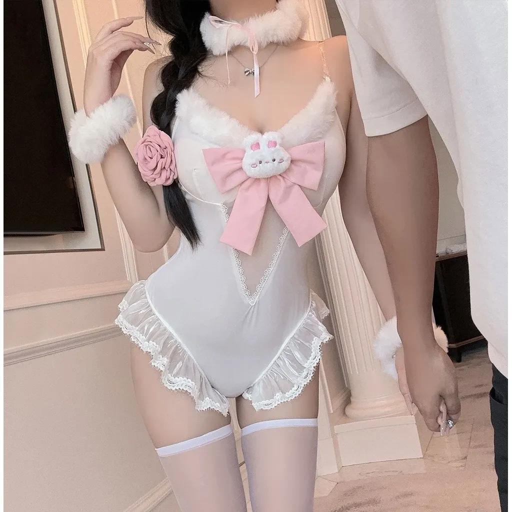 Đồ ngủ liền thân thỏ bông trắng viền ren bèo cực xinh đáng yêu bodysuit thỏ bunny kèm phụ kiện dễ thương N332
