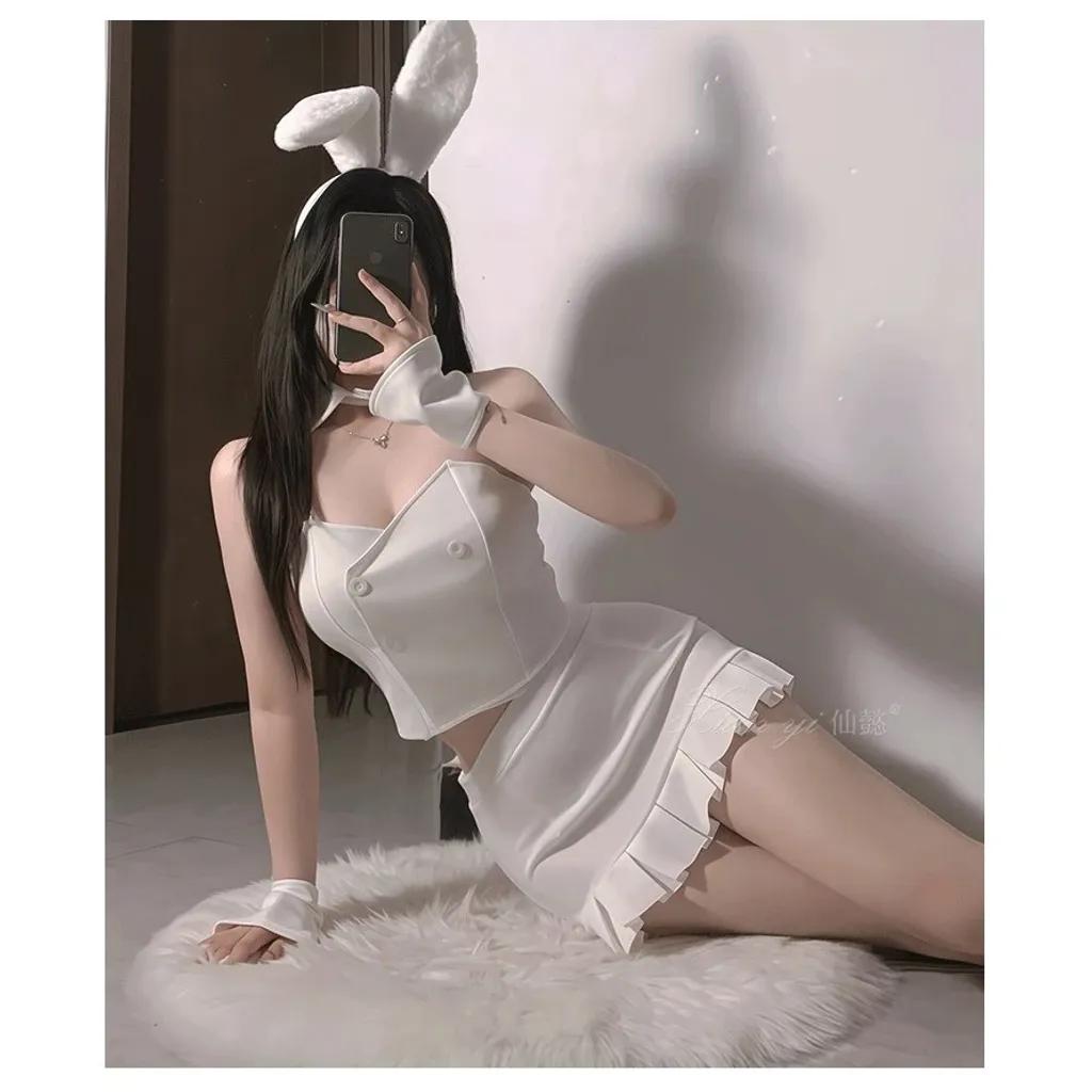 Đồ cosplay thỏ trắng có đuôi dáng ôm gợi cảm thanh lịch set ngủ thỏ bunny cúp ngực kèm cài bông đáng yêu N736