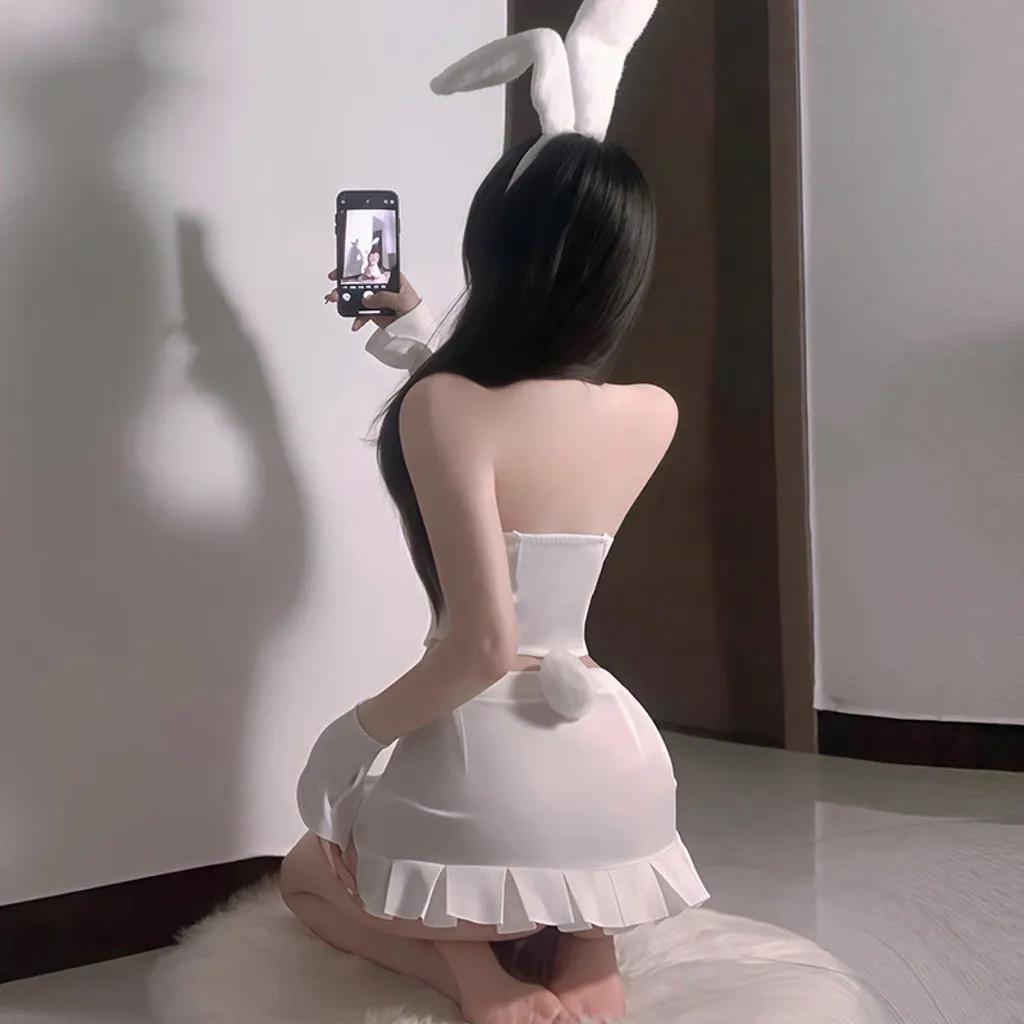Đồ cosplay thỏ trắng có đuôi dáng ôm gợi cảm thanh lịch set ngủ thỏ bunny cúp ngực kèm cài bông đáng yêu N736