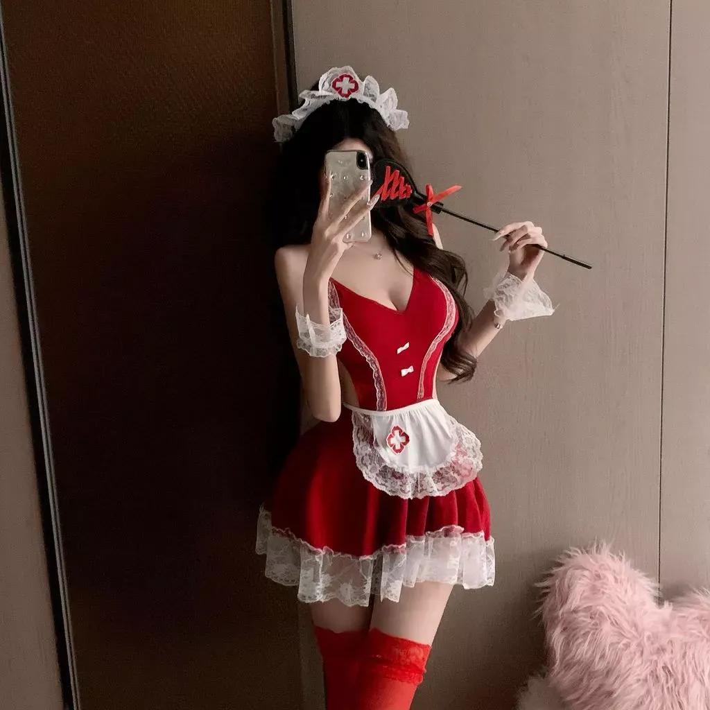 Đồ cosplay y tá có tạp dề xẻ V1 cực xinh gợi cảm váy ngủ xếp ly nàng hầu maid đỏ quyến rũ thanh lịch N756