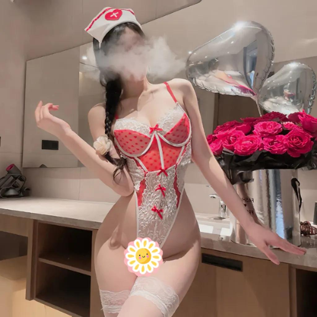 Bodysuit cosplay nữ y tá ren phối nơ dễ thương gợi cảm đồ ngủ liền thân cô bác sĩ đỏ trắng xinh quyến rũ N355