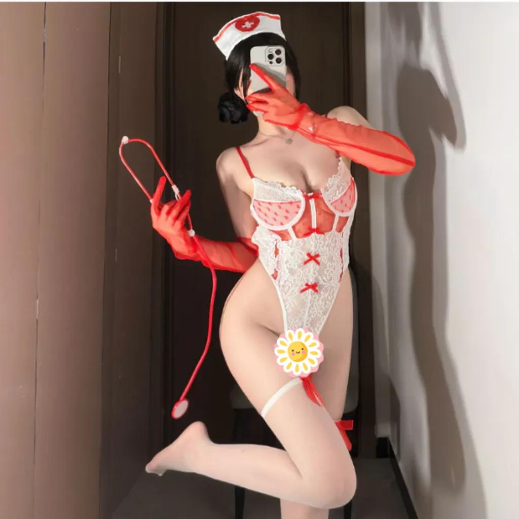 Bodysuit cosplay nữ y tá ren phối nơ dễ thương gợi cảm đồ ngủ liền thân cô bác sĩ đỏ trắng xinh quyến rũ N355