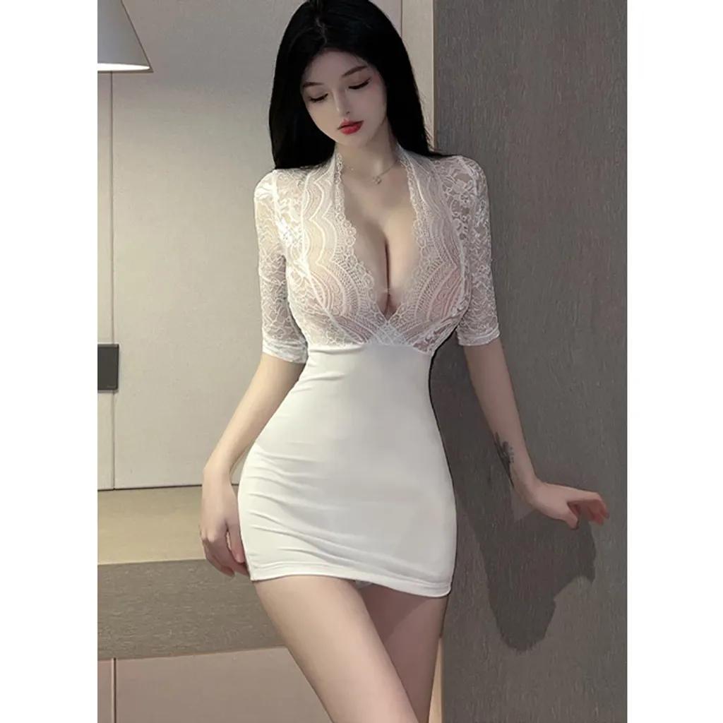 CÓ BIG SIZE / Cosplay thư ký xẻ ngực ren hoa xuyên thấu sexy gợi cảm váy ngủ nữ ôm body dài tay quyến rũ N718