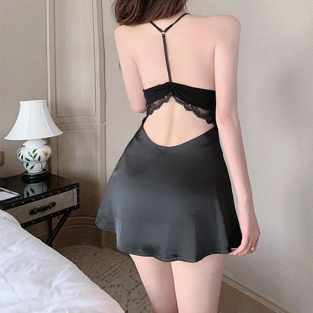 Váy ngủ lụa phối ren ngực gợi cảm dễ thương đầm mặc nhà hở lưng sexy tặng chip lọt khe quyến rũ N178
