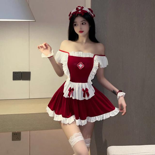 Đồ cosplay y tá sexy anime hở lưng gợi cảm váy ngủ xòe nữ hầu gái dễ thương kèm phụ kiện đỏ đô cao cấp N759