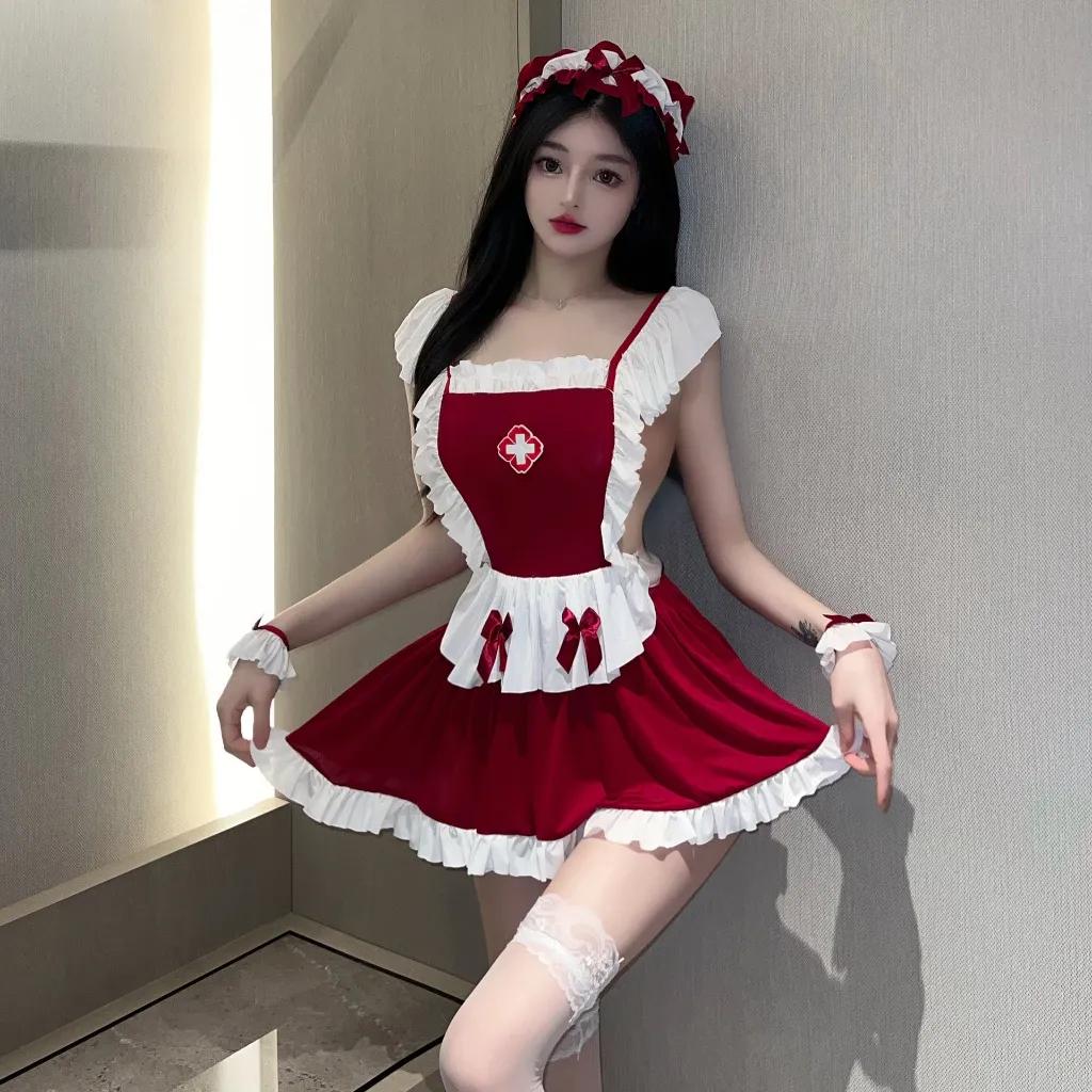 Đồ cosplay y tá sexy anime hở lưng gợi cảm váy ngủ xòe nữ hầu gái dễ thương kèm phụ kiện đỏ đô cao cấp N759