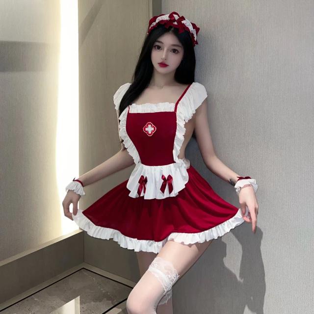 Đồ cosplay y tá sexy anime hở lưng gợi cảm váy ngủ xòe nữ hầu gái dễ thương kèm phụ kiện đỏ đô cao cấp N759