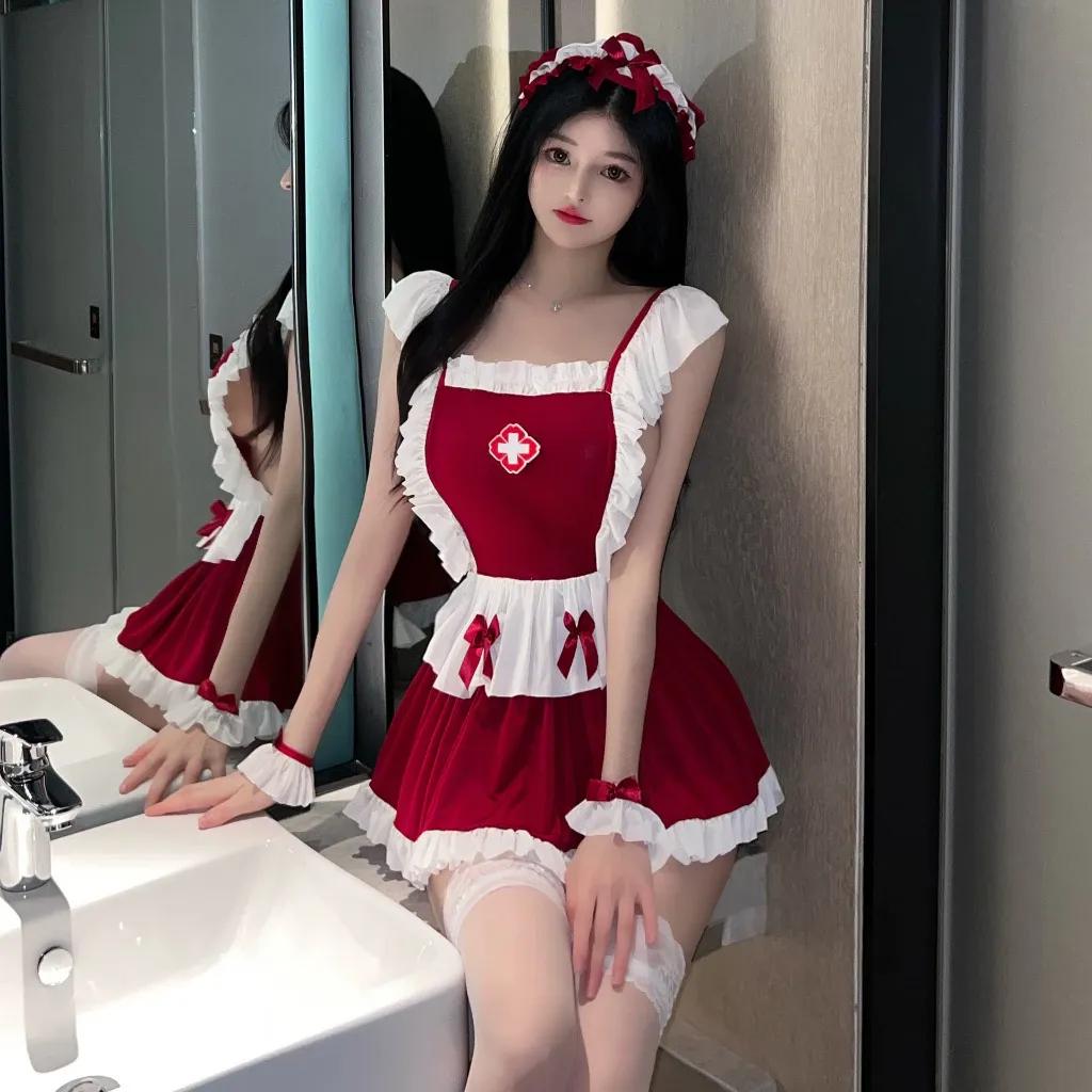 Đồ cosplay y tá sexy anime hở lưng gợi cảm váy ngủ xòe nữ hầu gái dễ thương kèm phụ kiện đỏ đô cao cấp N759