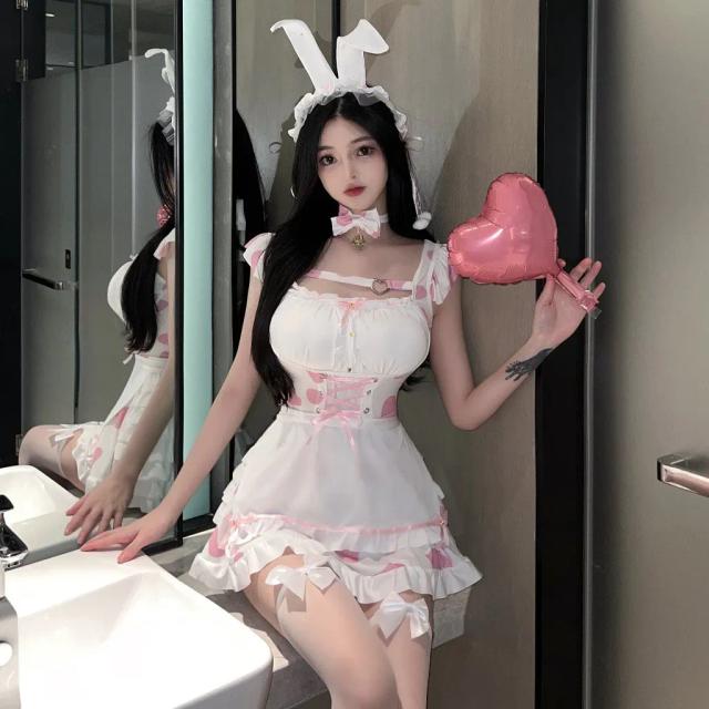 Trang phục cosplay bò sữa dễ thương chấm bi đen hồng cao cấp set bé thỏ bunny kèm phụ kiện sexy đáng yêu N334