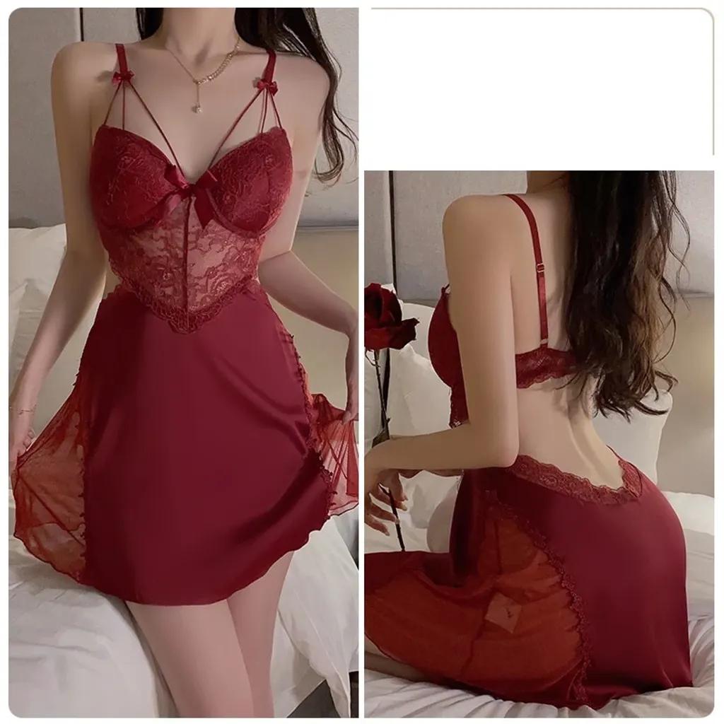 Váy ngủ lụa sexy phối ren có đệm ngực gợi cảm đầm tiểu thư mặc hở lưng tặng chip lọt khe quyến rũ N160