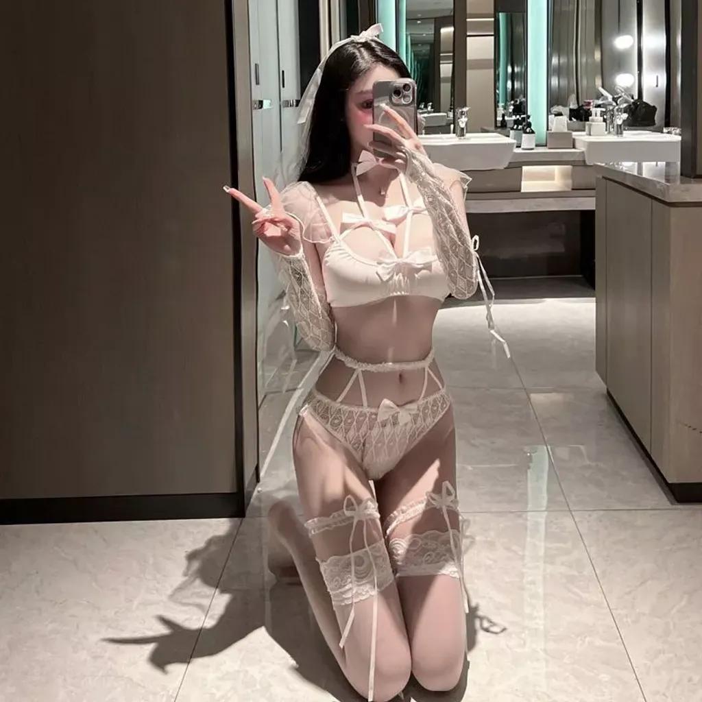 Đồ cosplay sexy cô dâu phối nơ đáng yêu set nội y ren kèm lúp voan găng tay đen trắng gợi cảm cao cấp  N746