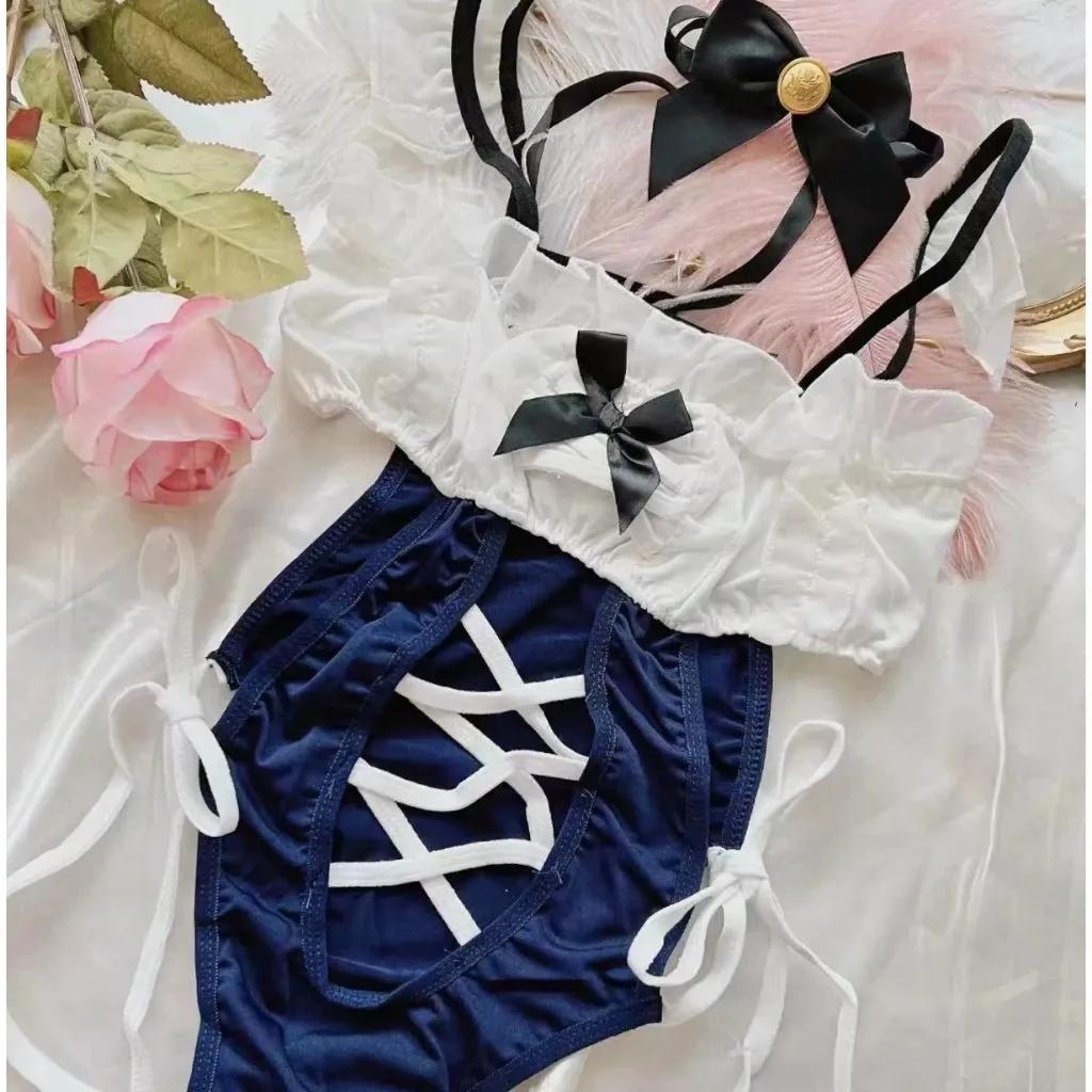 Cosplay hầu gái đan dây đính nơ gợi cảm đáng yêu bodysuit đồ lót liền thân mặc nhà dễ thương N775