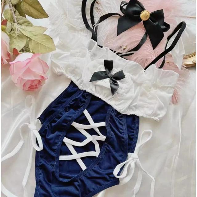 Cosplay hầu gái đan dây đính nơ gợi cảm đáng yêu bodysuit đồ lót liền thân mặc nhà dễ thương N775