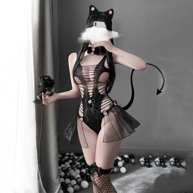 Đồ cosplay mèo hư hỏng có đuôi xuyên thấu gợi cảm đáng yêu bodystocking 1 mảnh miêu nữ đen dễ thương N739