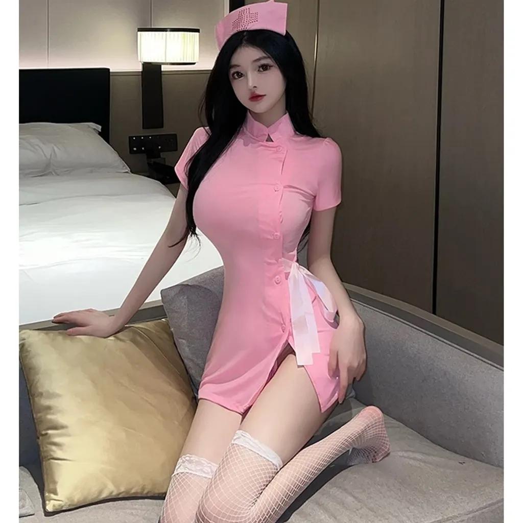Cosplay nữ y tá xẻ tà đùi kèm nón gợi cảm đáng yêu váy ngủ điều dưỡng 2 màu hồng đen dễ thương quyến rũ N753