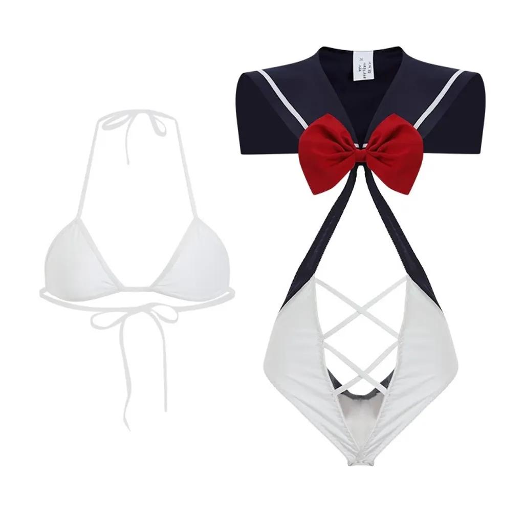 Bodysuit học sinh liền thân phối nơ đỏ xinh dễ thương đồ cosplay thủy thủ xanh 1 mảnh hở lưng gợi cảm N927
