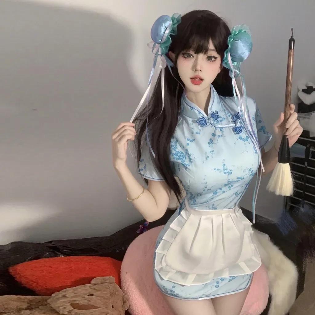 Cosplay sườn xám cách tân kèm tạp dề siêu xinh dễ thương set đồ cổ trang trung hoa xẻ tà gợi cảm N386