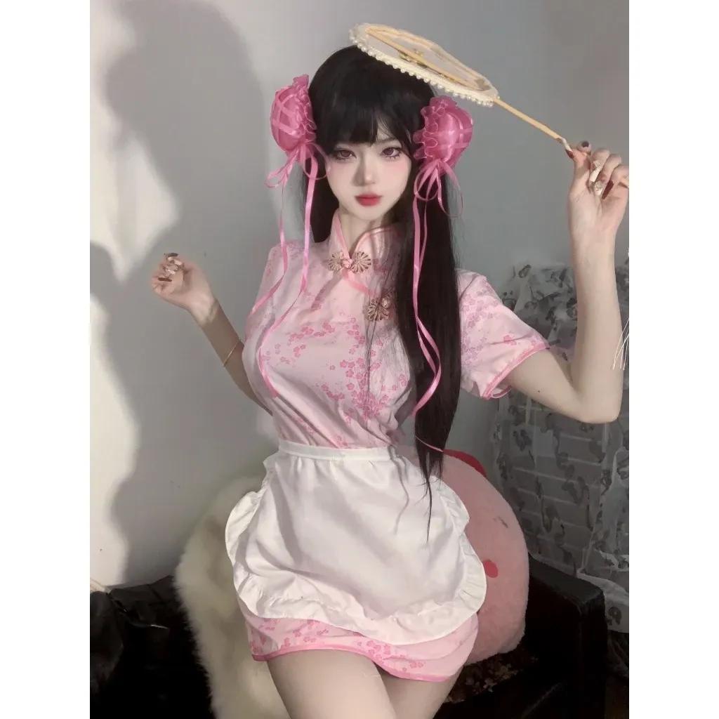 Cosplay sườn xám cách tân kèm tạp dề siêu xinh dễ thương set đồ cổ trang trung hoa xẻ tà gợi cảm N386