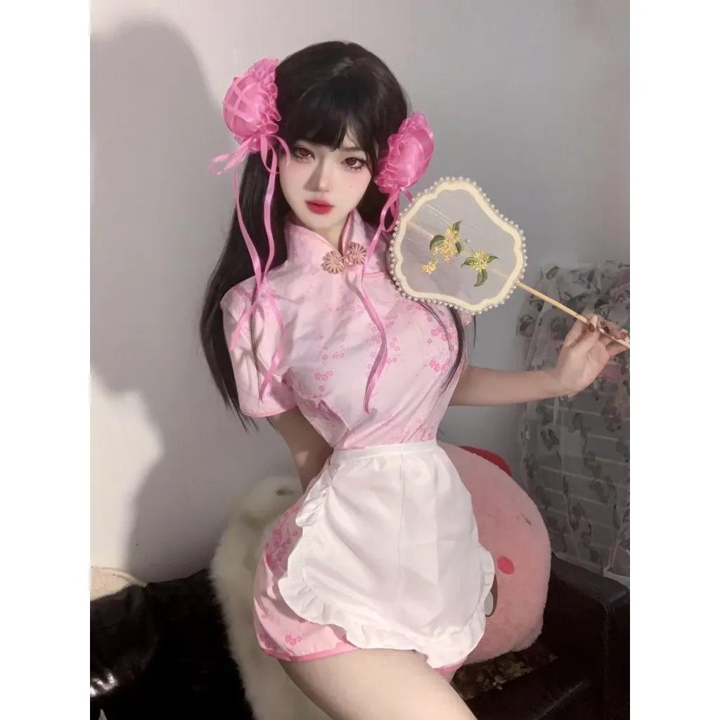 Cosplay sườn xám cách tân kèm tạp dề siêu xinh dễ thương set đồ cổ trang trung hoa xẻ tà gợi cảm N386