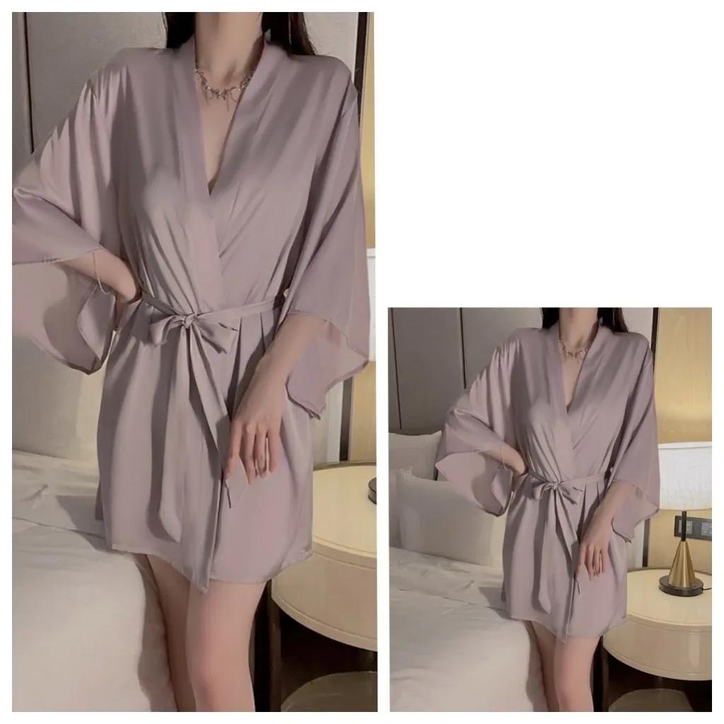 Áo choàng ngủ lụa tay dài cao cấp đen trắng đỏ sang trọng áo khoác ngoài nữ kèm dây cột sexy gợi cảm N191