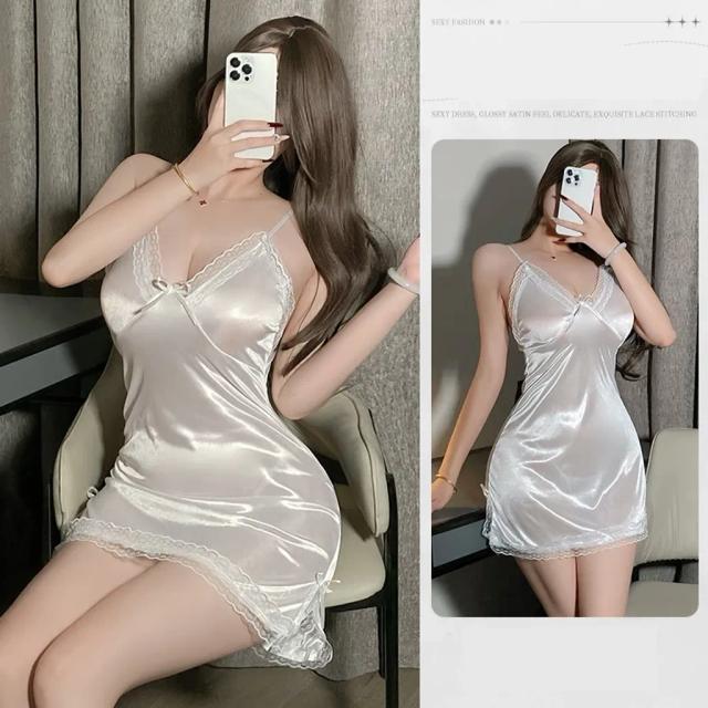 Váy ngủ 2 dây sexy phối ren xẻ tà siêu xinh gợi cảm đầm ngu nữ mặc nhà trơn tặng chip quyến rũ N207