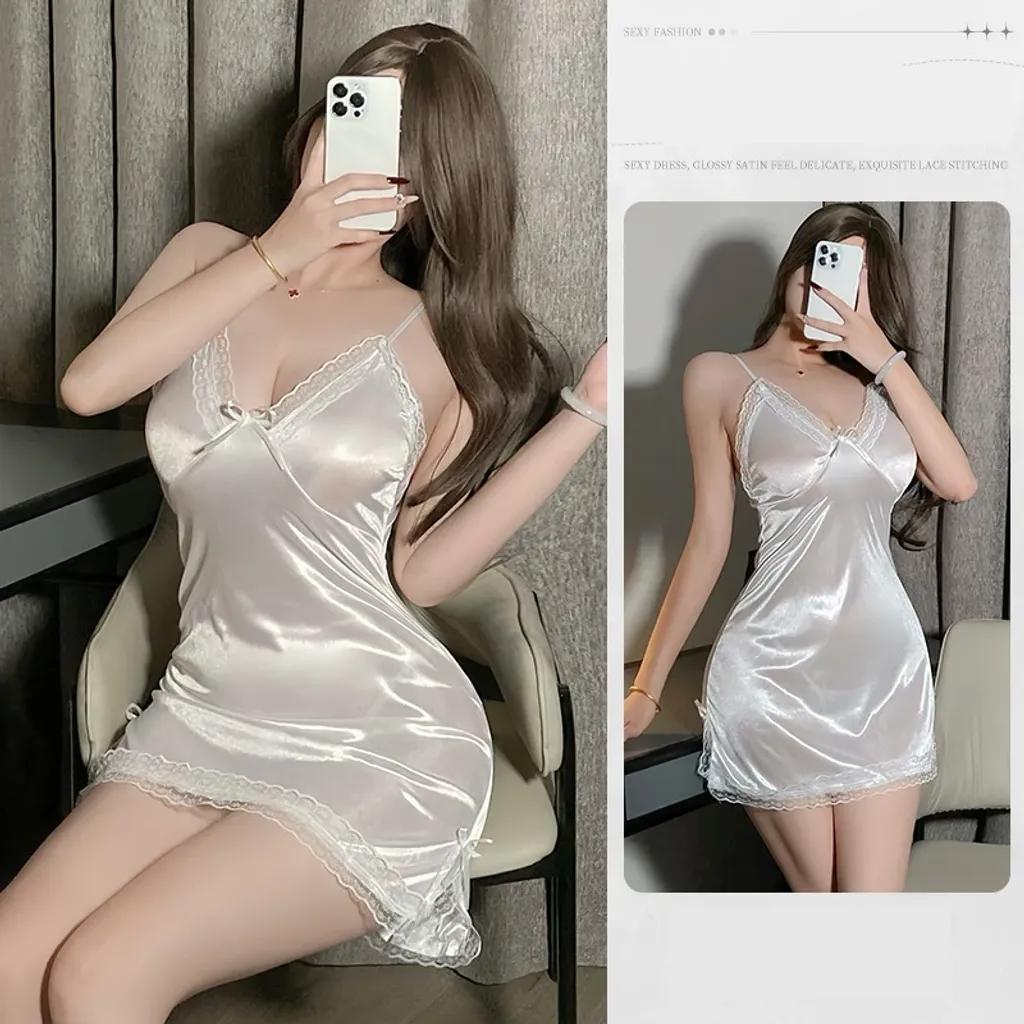 Váy ngủ 2 dây sexy phối ren xẻ tà siêu xinh gợi cảm đầm ngu nữ mặc nhà trơn tặng chip quyến rũ N207